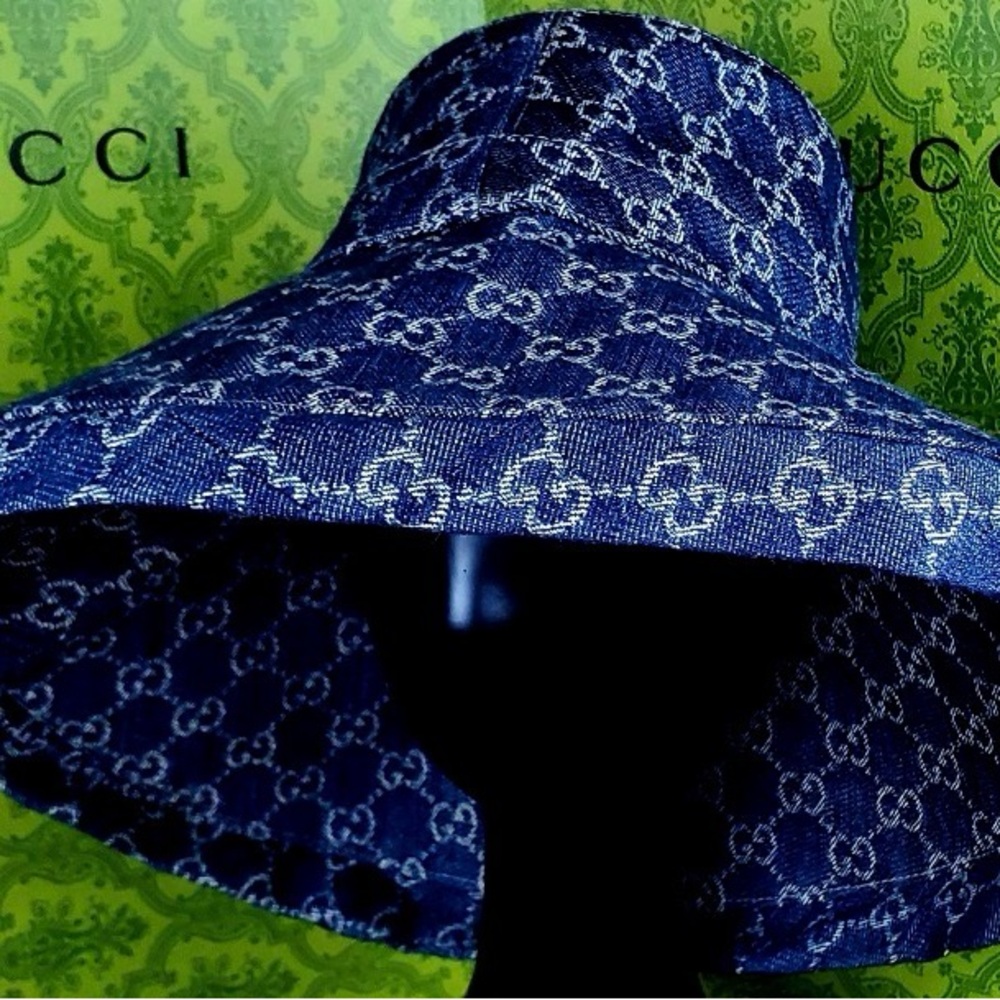 Denim Monogram Bucket Hat w Wide Large Brim Trim Jacquard Sun Coverage Navy Blue - Picture 2 of 16